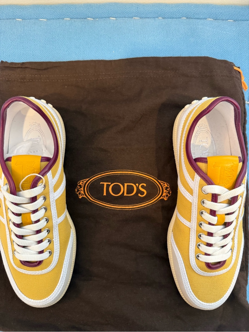 Tod's Yellow Canvas Sneakers with Burgundy Trim and White Details